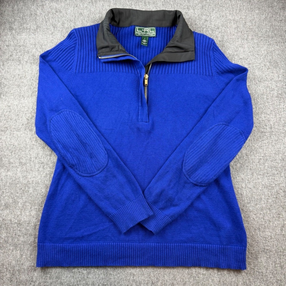 Ralph Lauren Lauren Active Sweater Mens L Blue Quarter Zip Cotton Ribbed Patches
